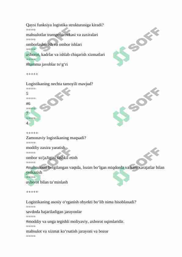LOGISTIKA FANIDAN TESTLAR
