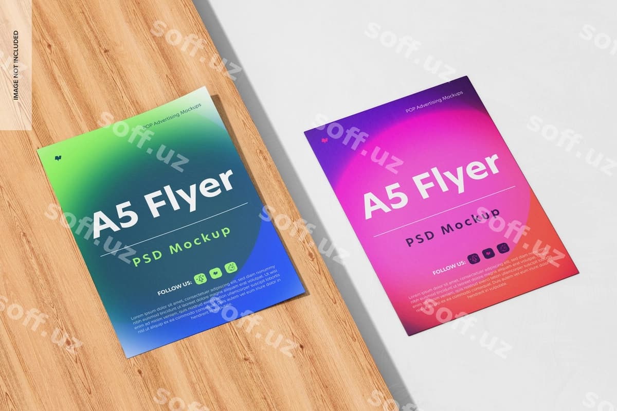 A5 flyerlar mockup ustidan koʻrinish | A5 flyers mockup top view