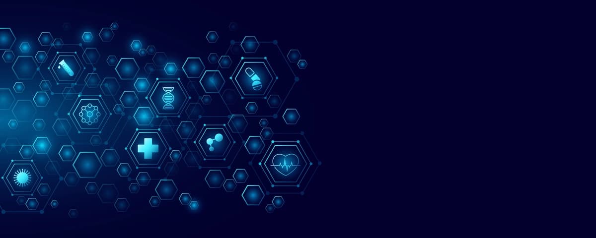 Sog'liqni saqlash piktogrammalari bilan mavhum bog'langan olti burchakli ko'k doira | Abstract connected hexagons with health care icons hud circle blue