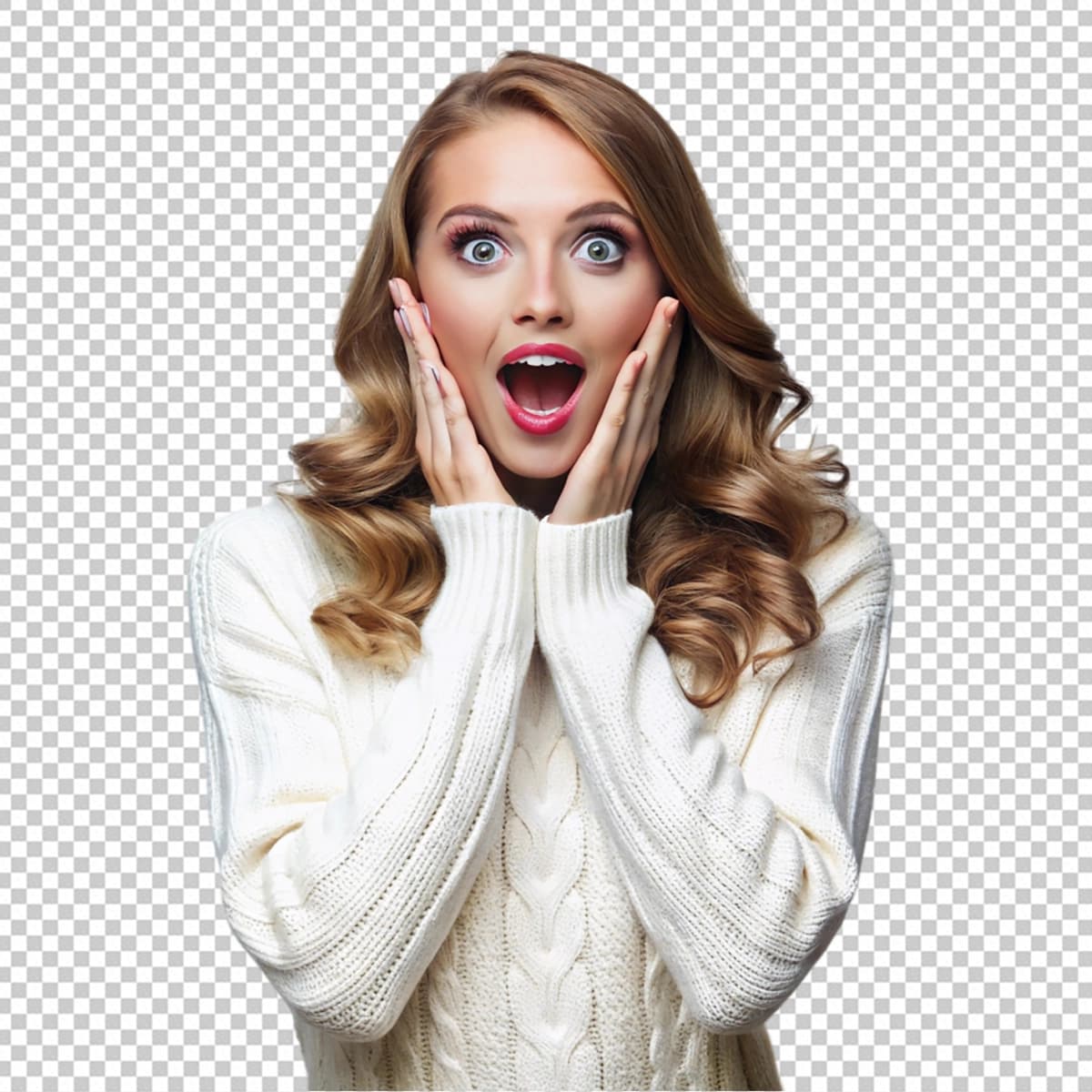 Ajablanarlisi ayol oq sviter oq fon | Amazed woman white sweater white background