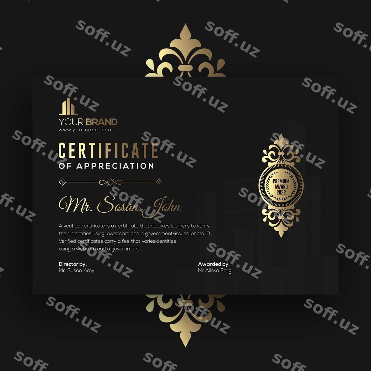 Qora o'ttiz sertifikat shabloni | Black gold certificate template