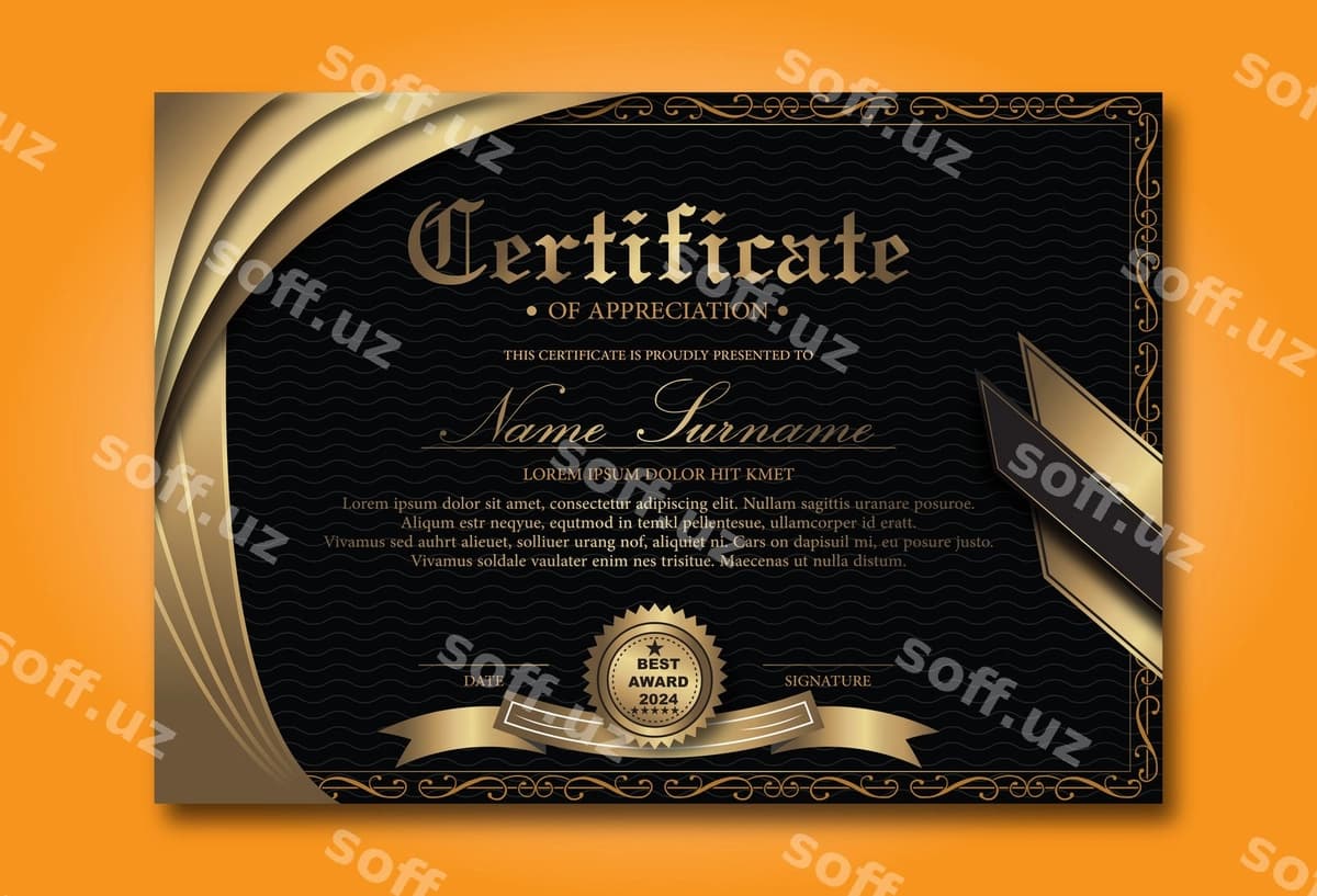 Qora o'tpash tahrirlanga olinadigan sertifikat shabloni | Black gold editable certificate template