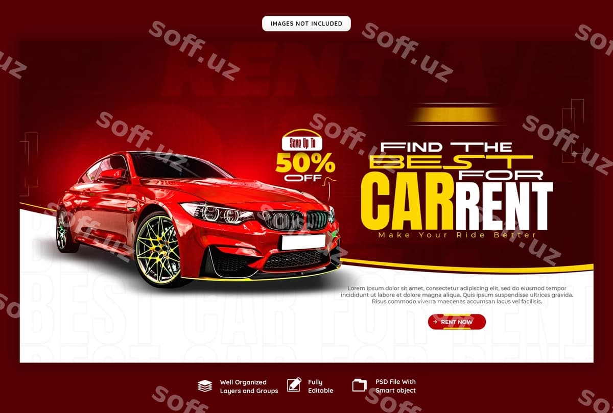 Avtomobil ijarasi avtomobil xizmatlari web banner shabloni | Car rental automotive web banner template