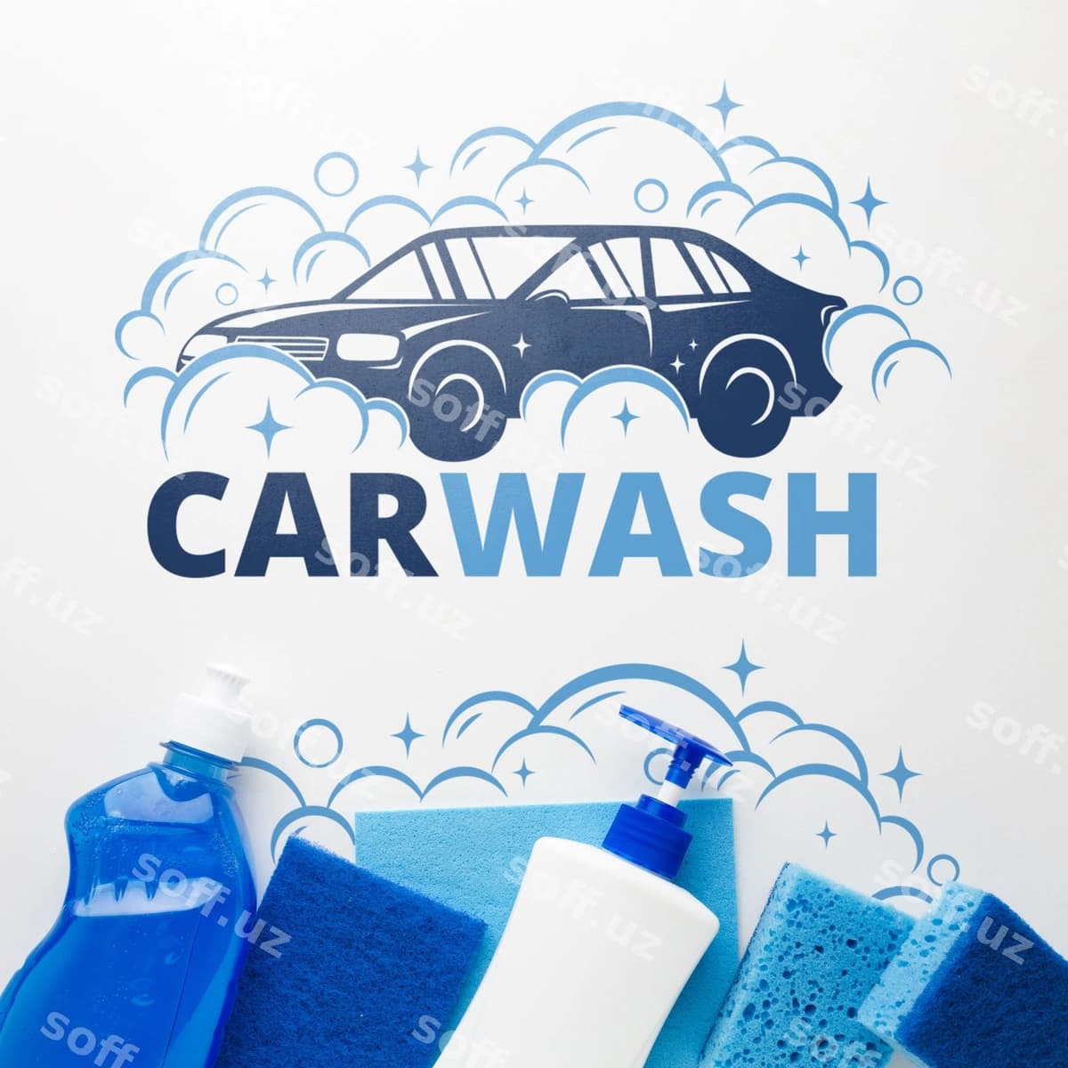 Mashina yuvish konsepsiyasi yuvish moddalari bilan | Car wash concept with washing liquids