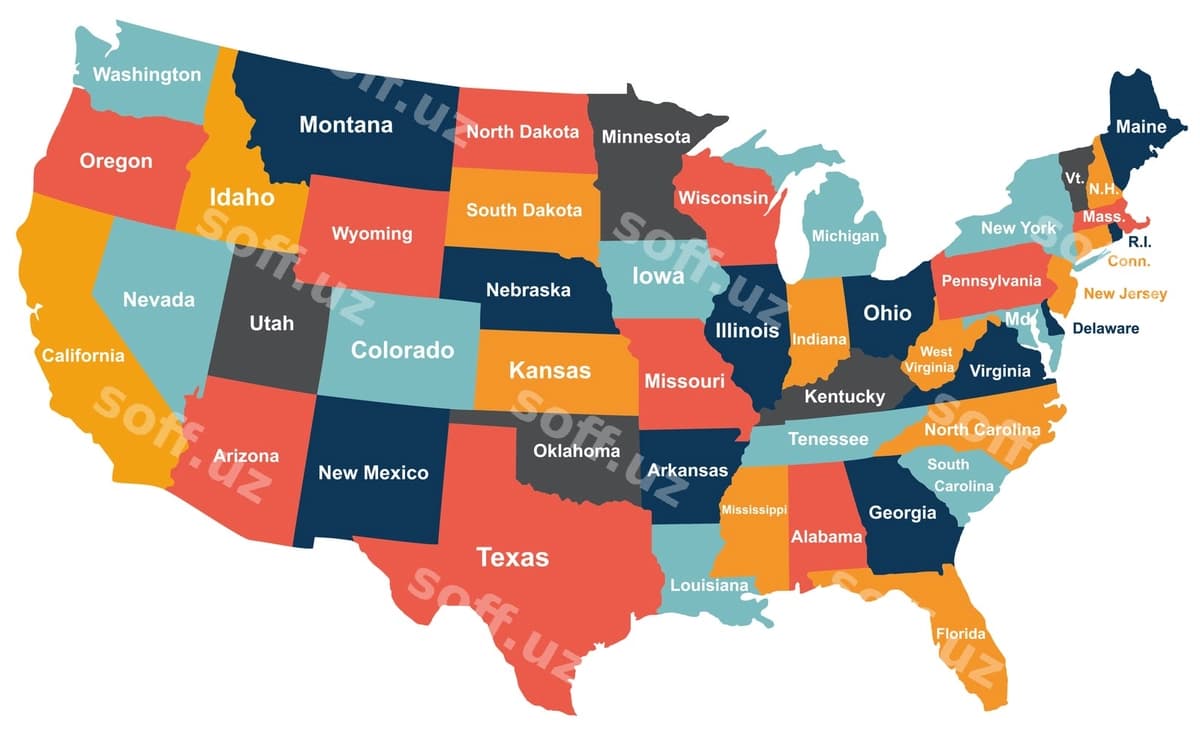 Rangli AQSH xaritasi viloyatlari bilan | Colorful usa map with states