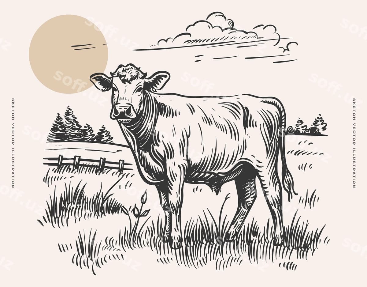 Moo maydon chizmasi illustratsiyasi | Cow field sketch illustration