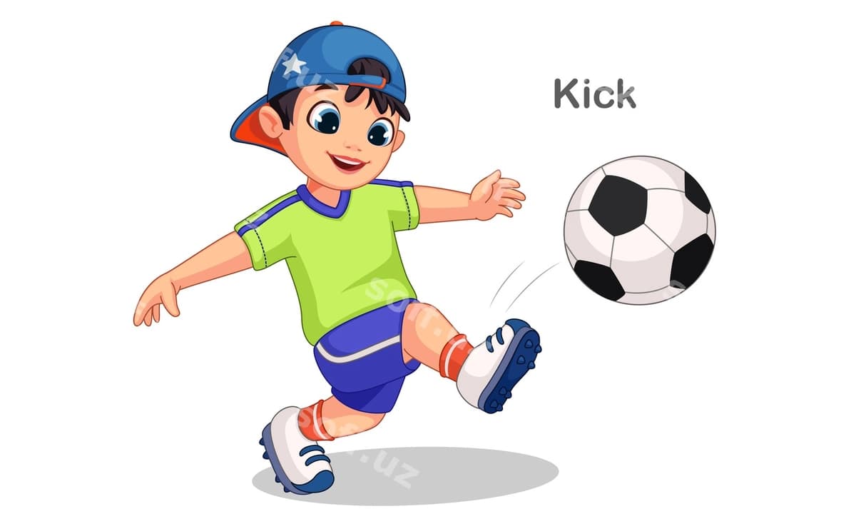 Chiroyli o'g'iling futbolni tirganda illustratsiyasi | Cute boy kicking soccer ball illustration