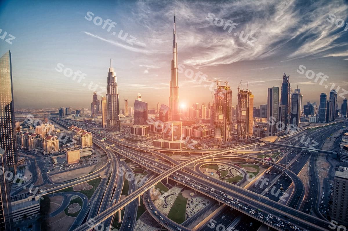 Dubai shahar konturu kechki paytda quyosh botirganda | Dubai skyline evening about sunset