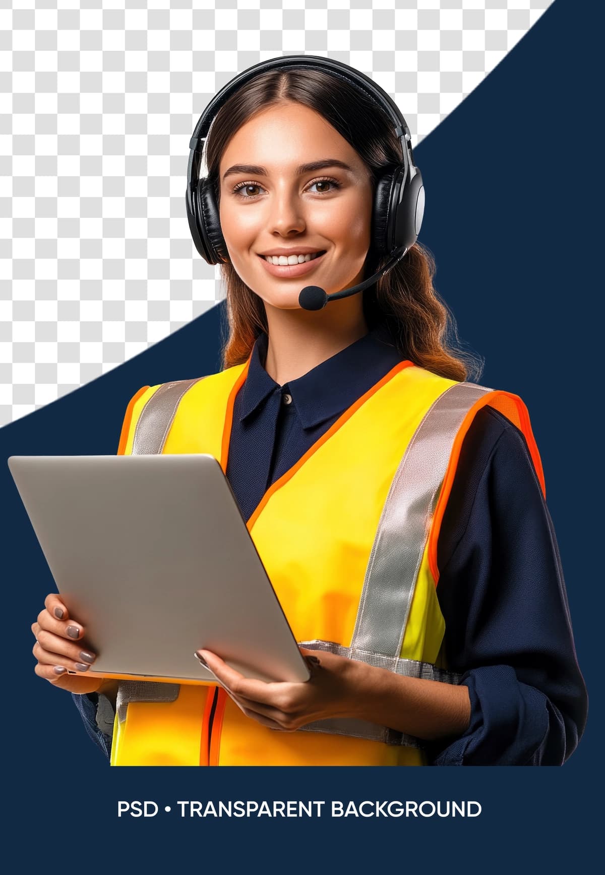 Mikrofonli ko'k fonda ekranli himoya kamzuli kiygan ayol | Woman wearing safety vest with microphone blue background with screen
