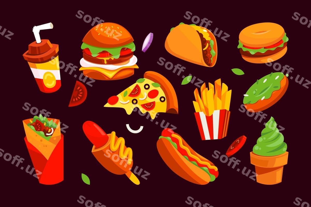 Fastfood restoran karyakatur ikonkalar komplekti | Fastfood restaurant cartoon icons set