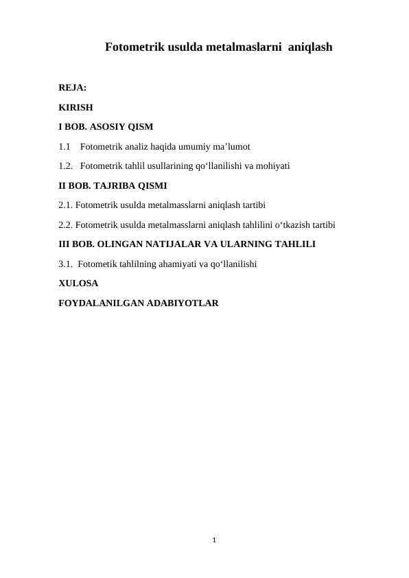 Fotometrik usulda metalmaslarni  aniqlash