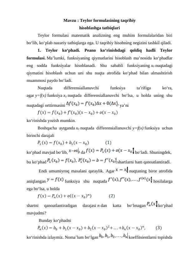 Teylor formulasining taqribiy  hisoblashga tatbiqlari