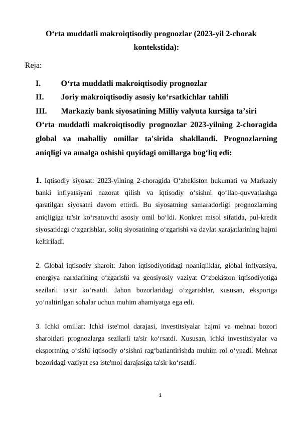 Oʻrta muddatli makroiqtisodiy prognozlar