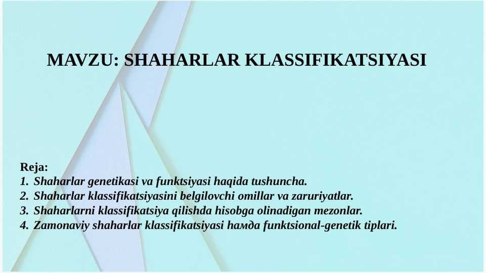 SHAHARLAR KLASSIFIKATSIYASI