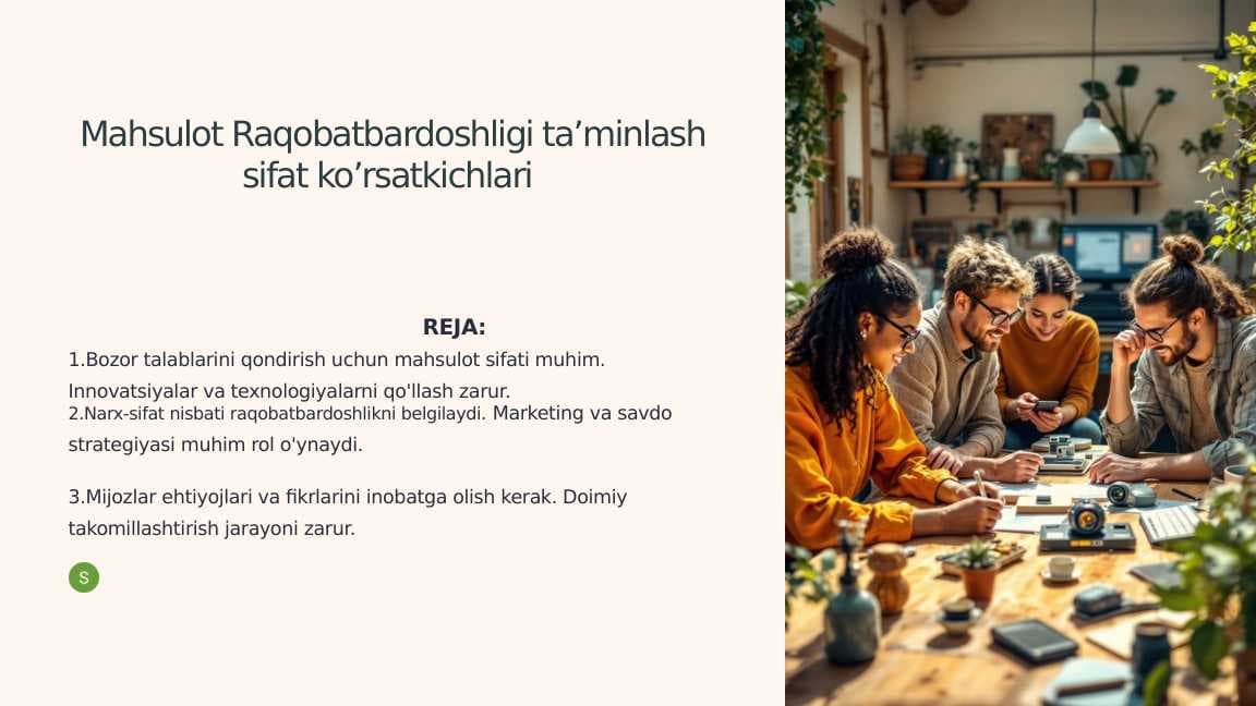 Mahsulot Raqobatbardoshligi ta’minlash sifat ko’rsatkichlari