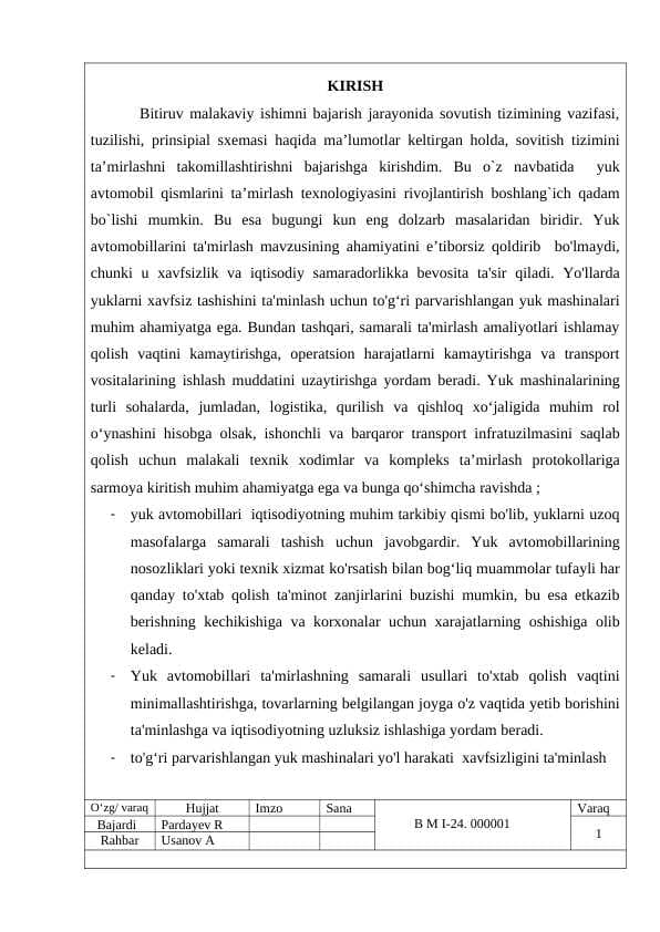 Avtoservis korxonalarini ishlab chiqarish binolarini takomillashtirish.