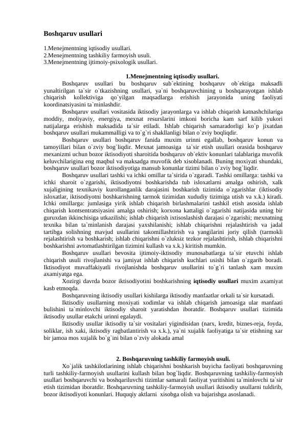 Menejmentning iqtisodiy usullari.