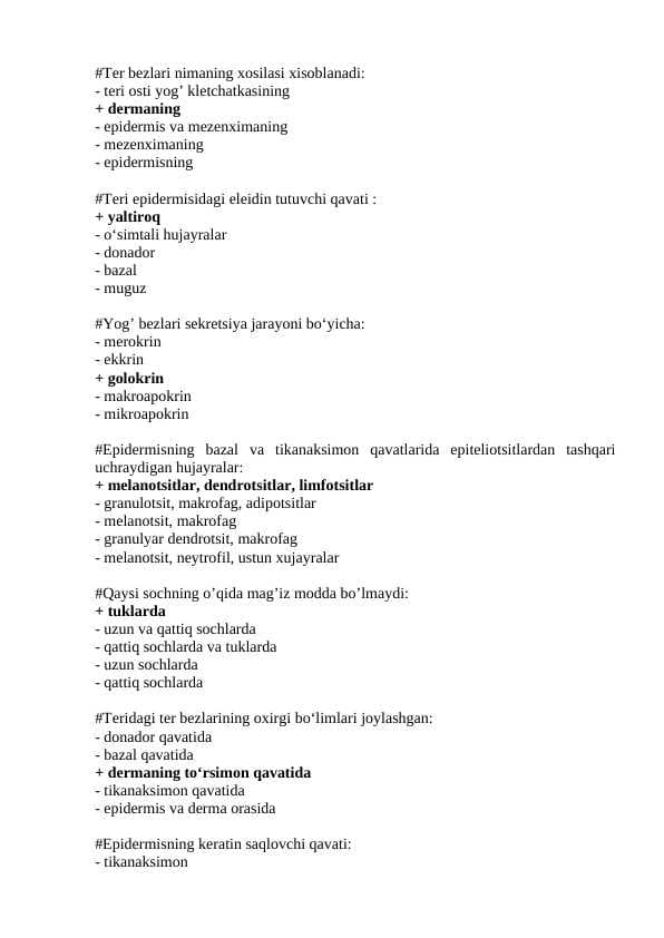 Gistologiya fanidan yakuniy savollar javoblari