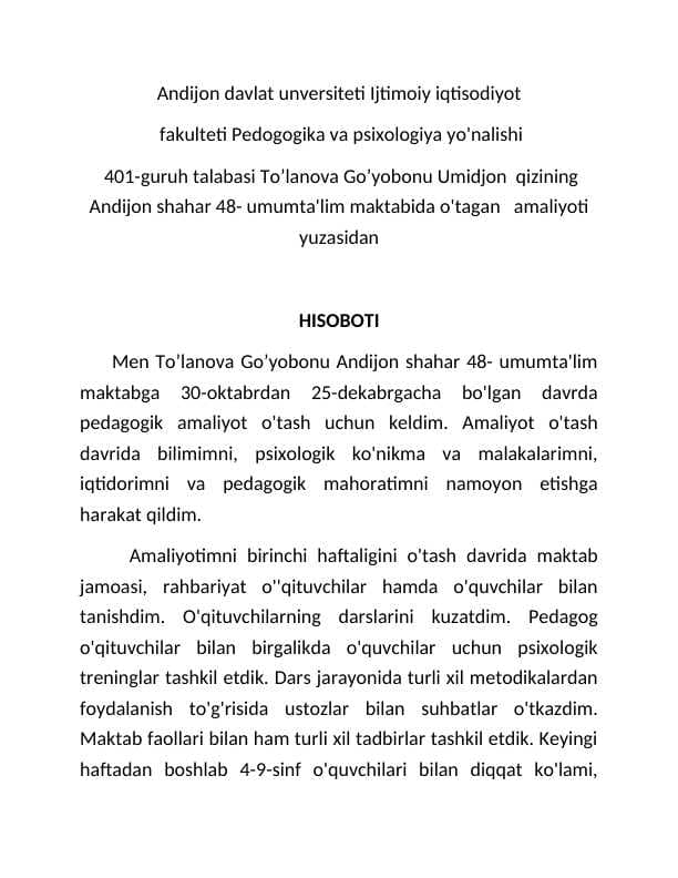 amaliyot hisoboti