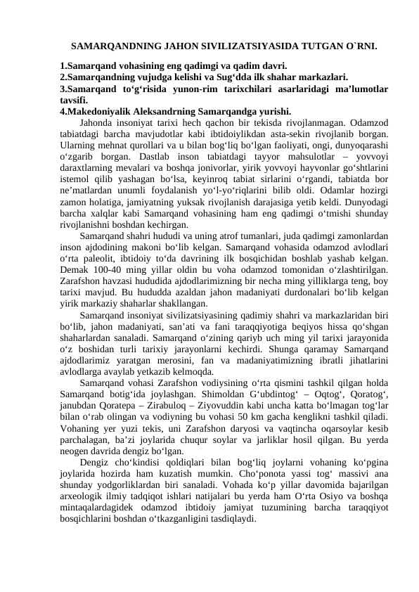 SAMARQANDNING JAHON SIVILIZATSIYASIDA TUTGAN O`RNI.