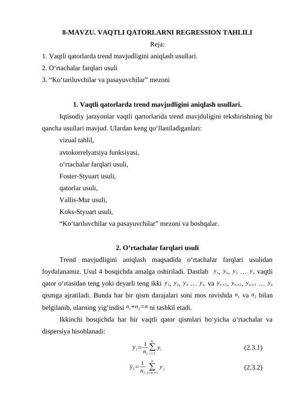VAQTLI QATORLARNI REGRESSION TAHLILI
