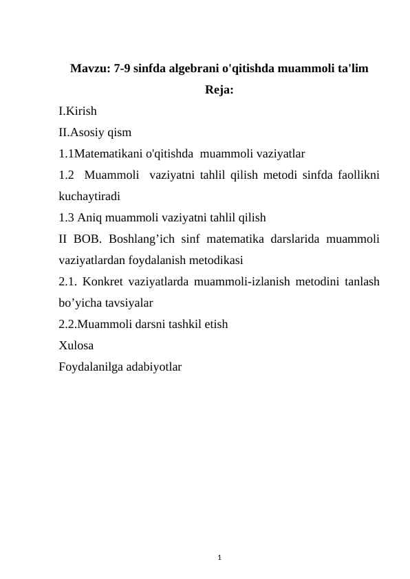 7-9 sinfda algebrani o'qitishda muammoli ta'lim