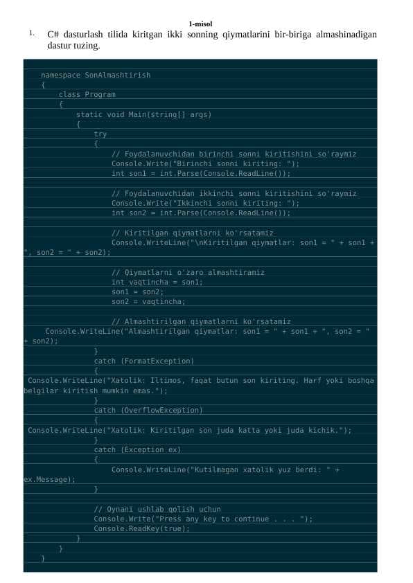 C# dasturlash tilida masalalar va ularning yechimlari