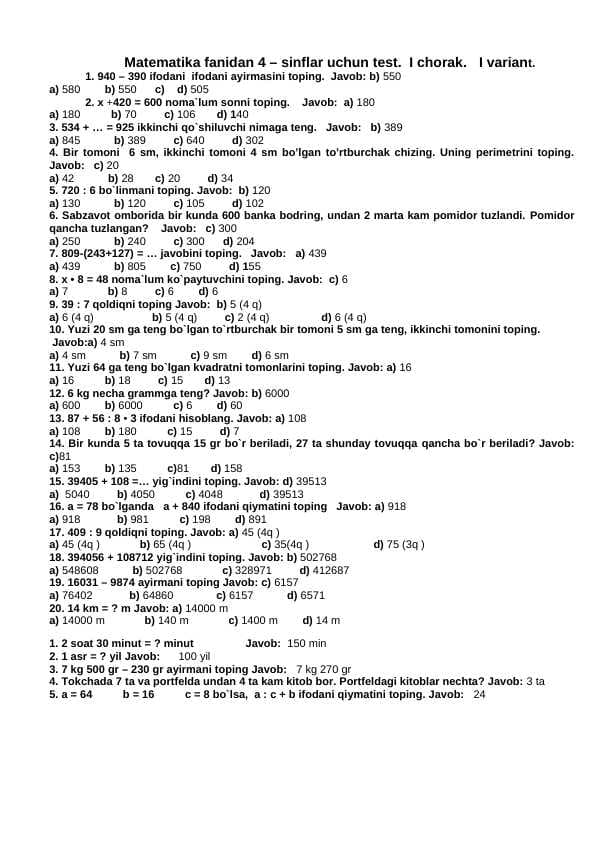 Matematika fanidan 4 – sinflar uchun test