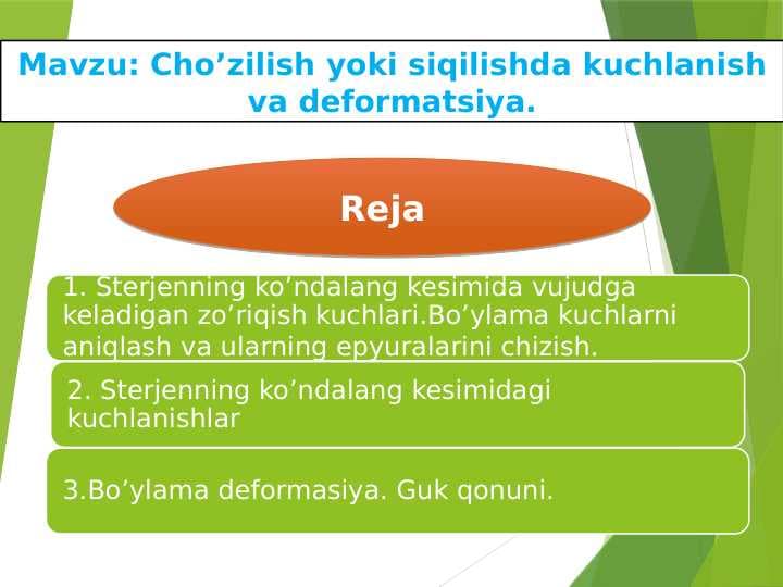 Cho’zilish yoki siqilishda kuchlanish va deformatsiya