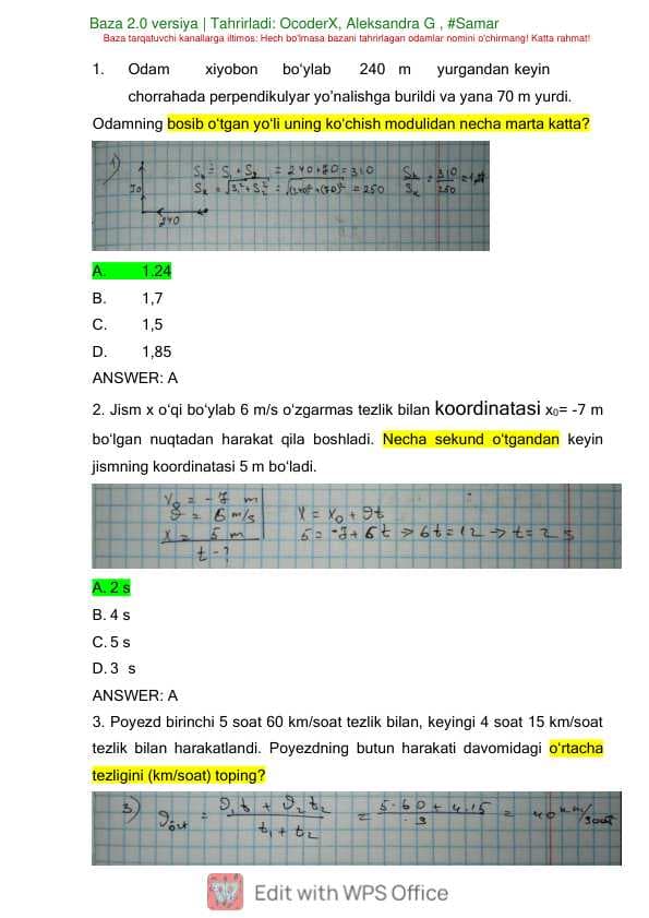 Fizika 1 fanidan yakuniy baza testi 1-kurs TATU.