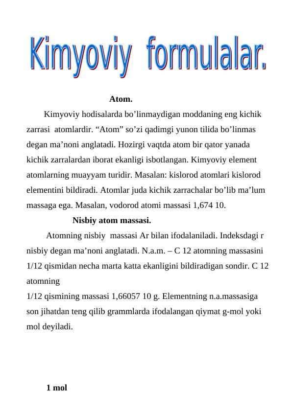 Kimyoviy  formulalar va ularning turlari
