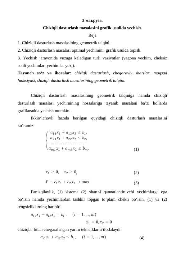 Chiziqli dasturlash masalasini grafik usulida yechish