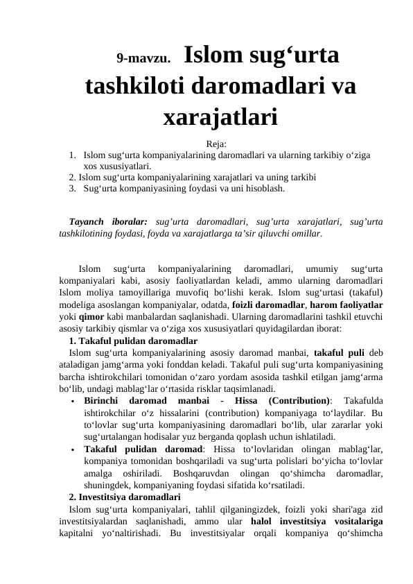 Islom sug‘urta tashkiloti daromadlari va xarajatlari