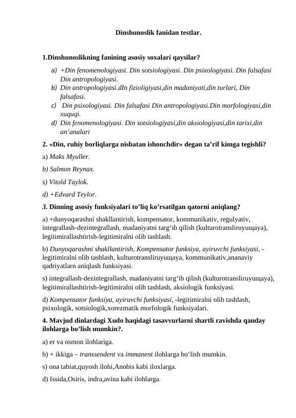 dinshunoslikdan mavzulashtirilgan test