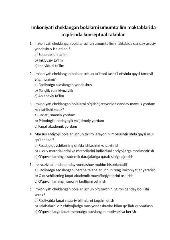 Imkoniyati cheklangan bolalarni umumta’lim maktablarida o‘qitishda konseptual talablar.