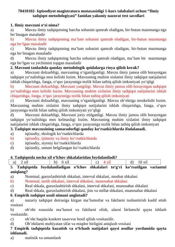 Iqtisodiyot magistratura mutaxasisligi 1-kurs talabalari uchun “Ilmiy tadqiqot metodologiyasi” fanidan yakuniy nazorat test savollari javobi bilan