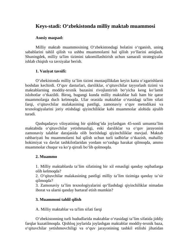 O‘zbekistonda milliy maktab muammosi