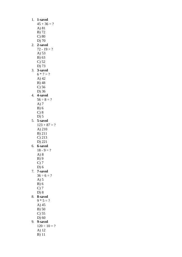 AGROS TEST. Boshlangich matematika