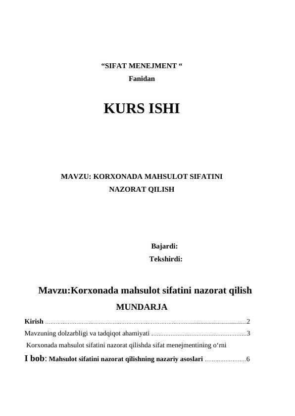 KORXONADA MAHSULOT SIFATINI  NAZORAT QILISH
