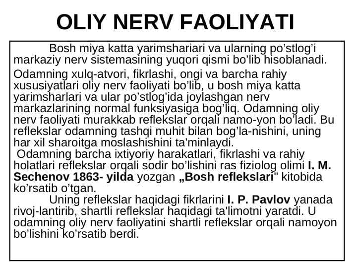 OLIY NERV FAOLIYATI