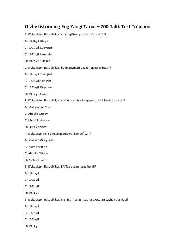 O‘zbekistonning Eng Yangi Tarixi – 200 Talik Test To‘plami