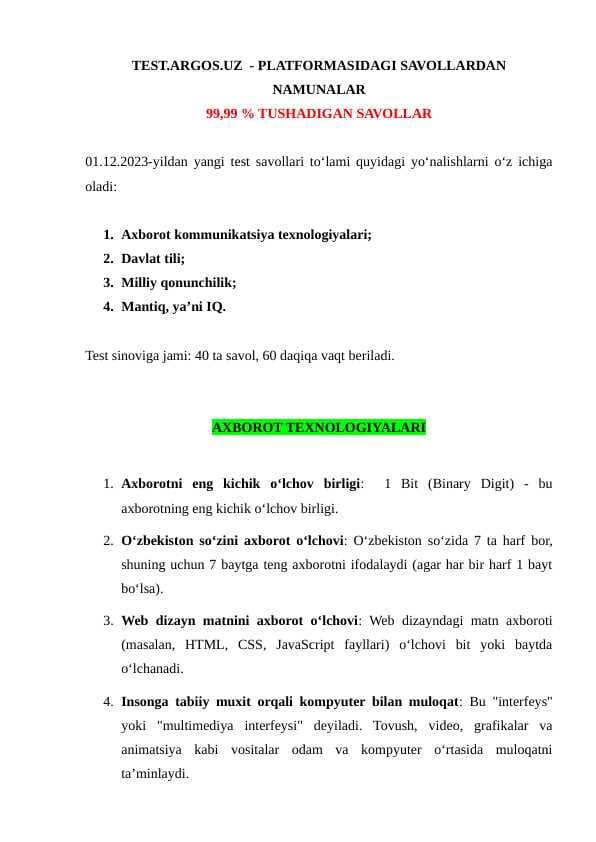 TEST.ARGOS.UZ  - PLATFORMASIDAGI SAVOLLARDAN NAMUNALAR
