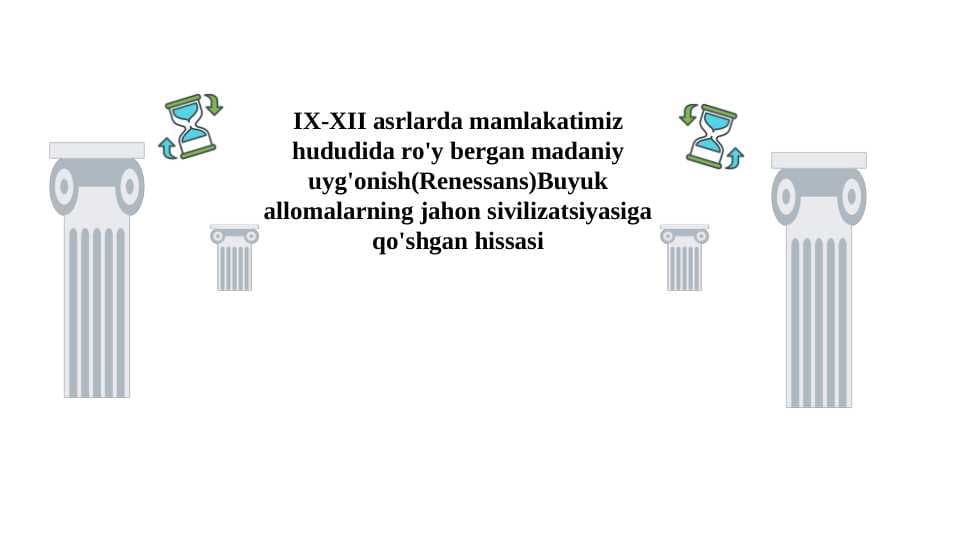 IX-XII asrlarda mamlakatimiz hududida ro'y bergan madaniy uyg'onish(Renessans)Buyuk allomalarning jahon sivilizatsiyasiga qo'shgan hissasi