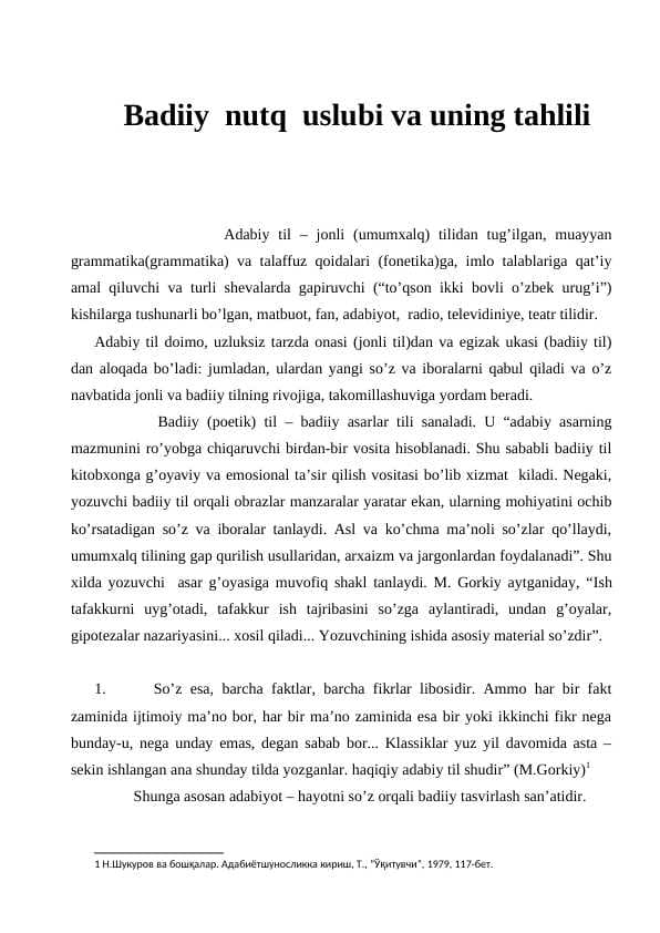 Badiiy  nutq  uslubi va uning tahlili