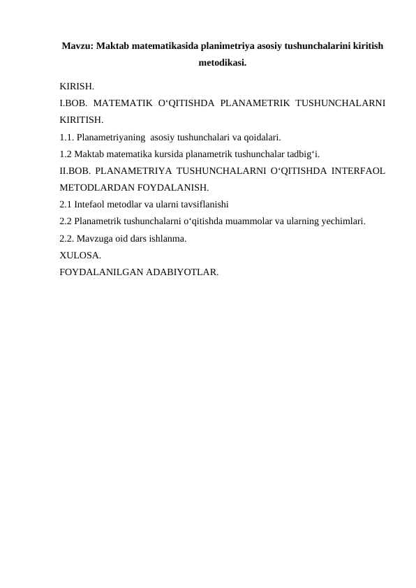 Maktab matematikasida planimetriya asosiy tushunchalarini kiritish metodikasi.