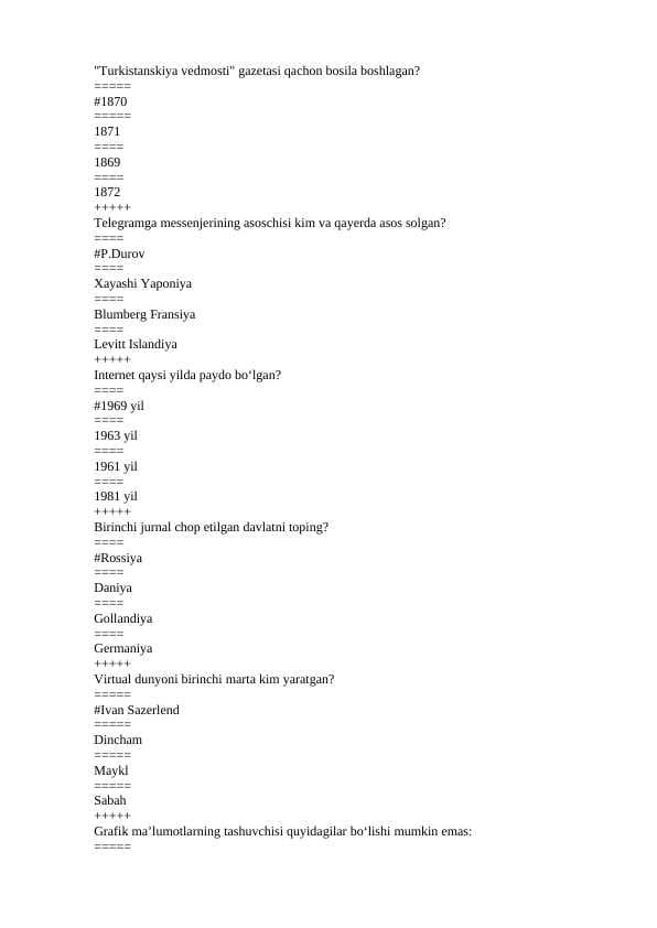 Mediasavodxonlik fanidan test. 200 talik. javoblari bilan