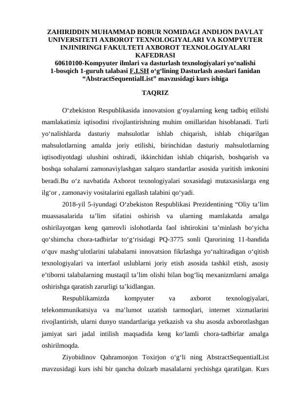 “AbstractSequentialList” mavzusidagi kurs ishiga taqriz