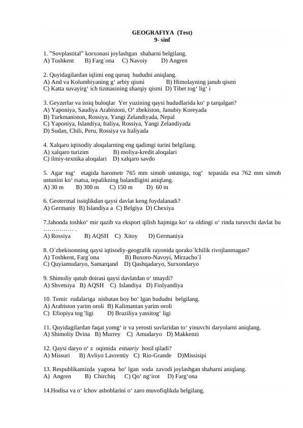 9 sinf GEOGRAFIYA test