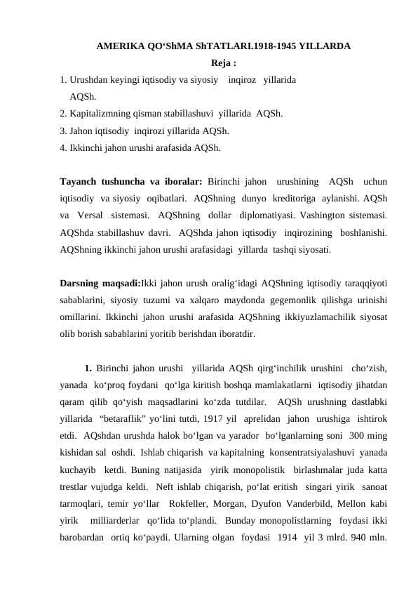 AMERIKA QO‘ShMA ShTATLARI.1918-1945 YILLARDA