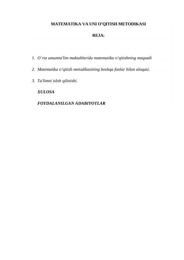 MATEMATIKA VA UNI O’QITISH METODIKASI